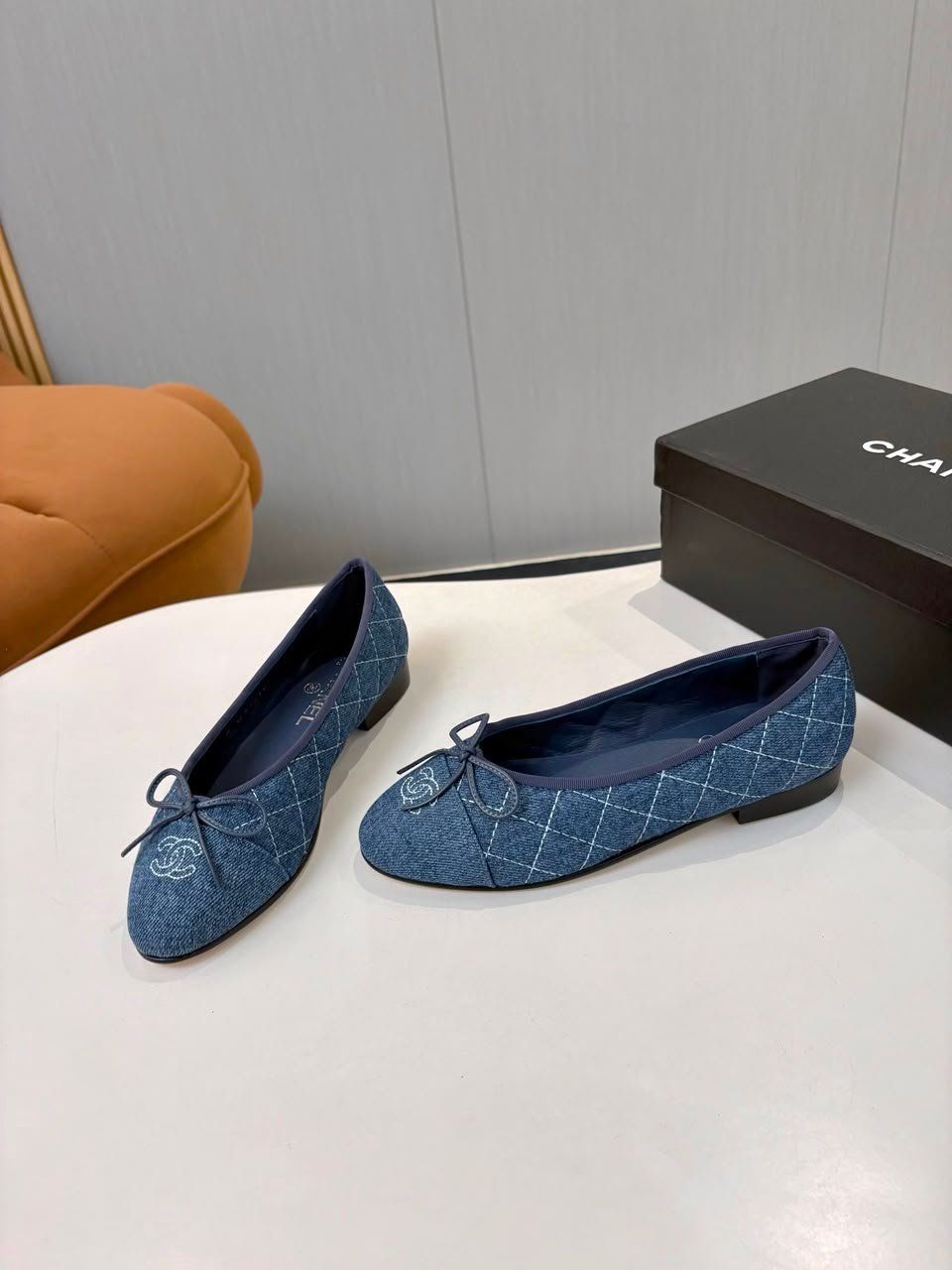 Chanel Quilted Denim Ballerina Flats Blue Denim G02819 view 4