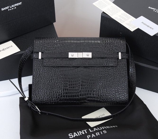 Saint Laurent Manhattan Shoulder Bag In Crocodile Embossed Shiny Black Silver 25Cm view 6