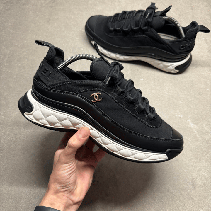 Chanel CC Logo Black Knit &amp; Leather Chunky Sneakers G39763 view 4
