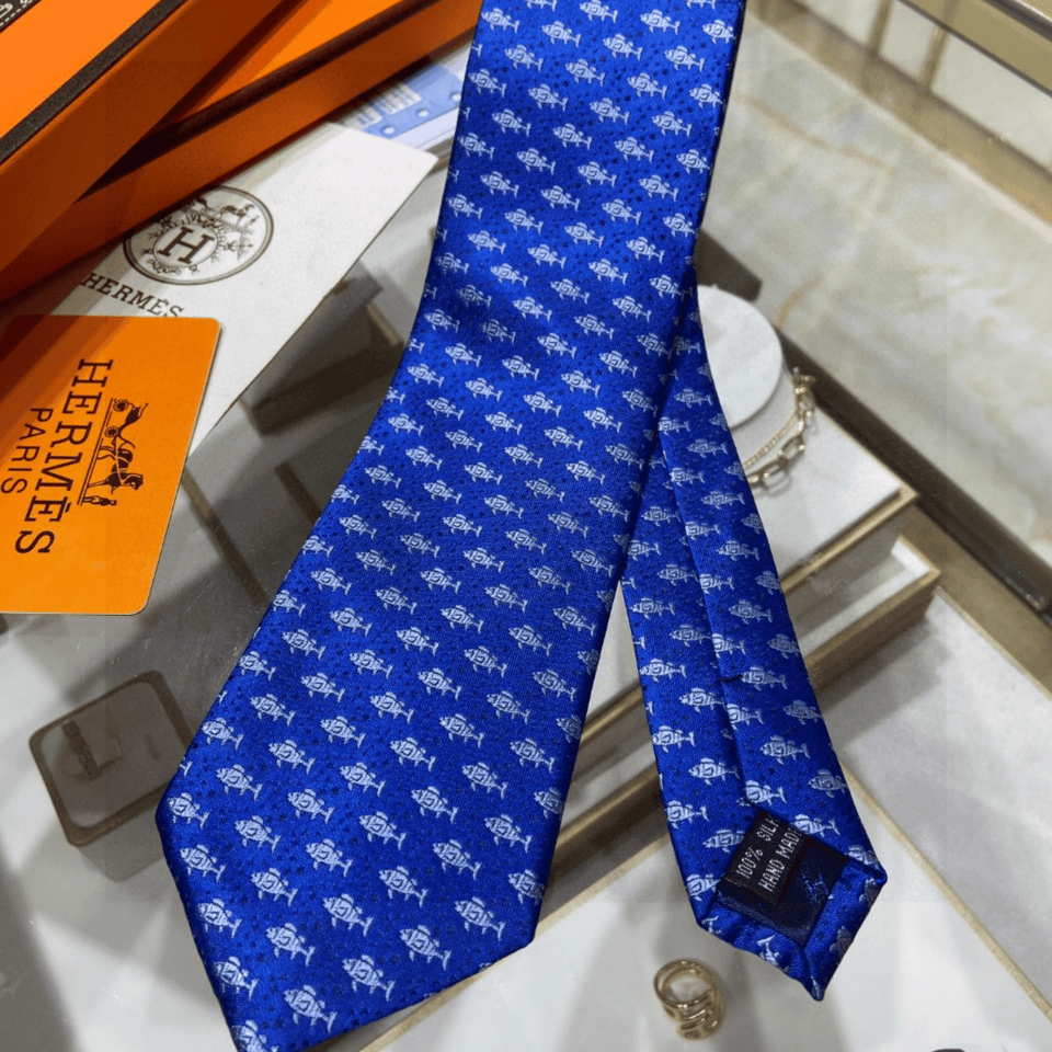 Hermes Navy Blue Fish Pattern Canvas Tie For Men view 7