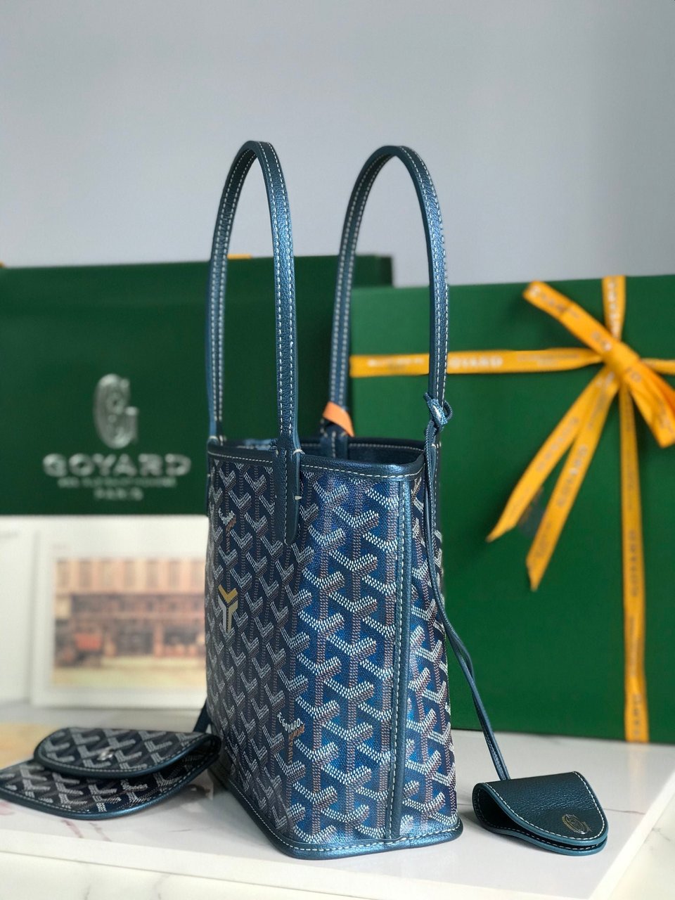 Goyard Anjou Mini Bag 20Cm Deep Blue Canvas Chevroches Calfskin view 7