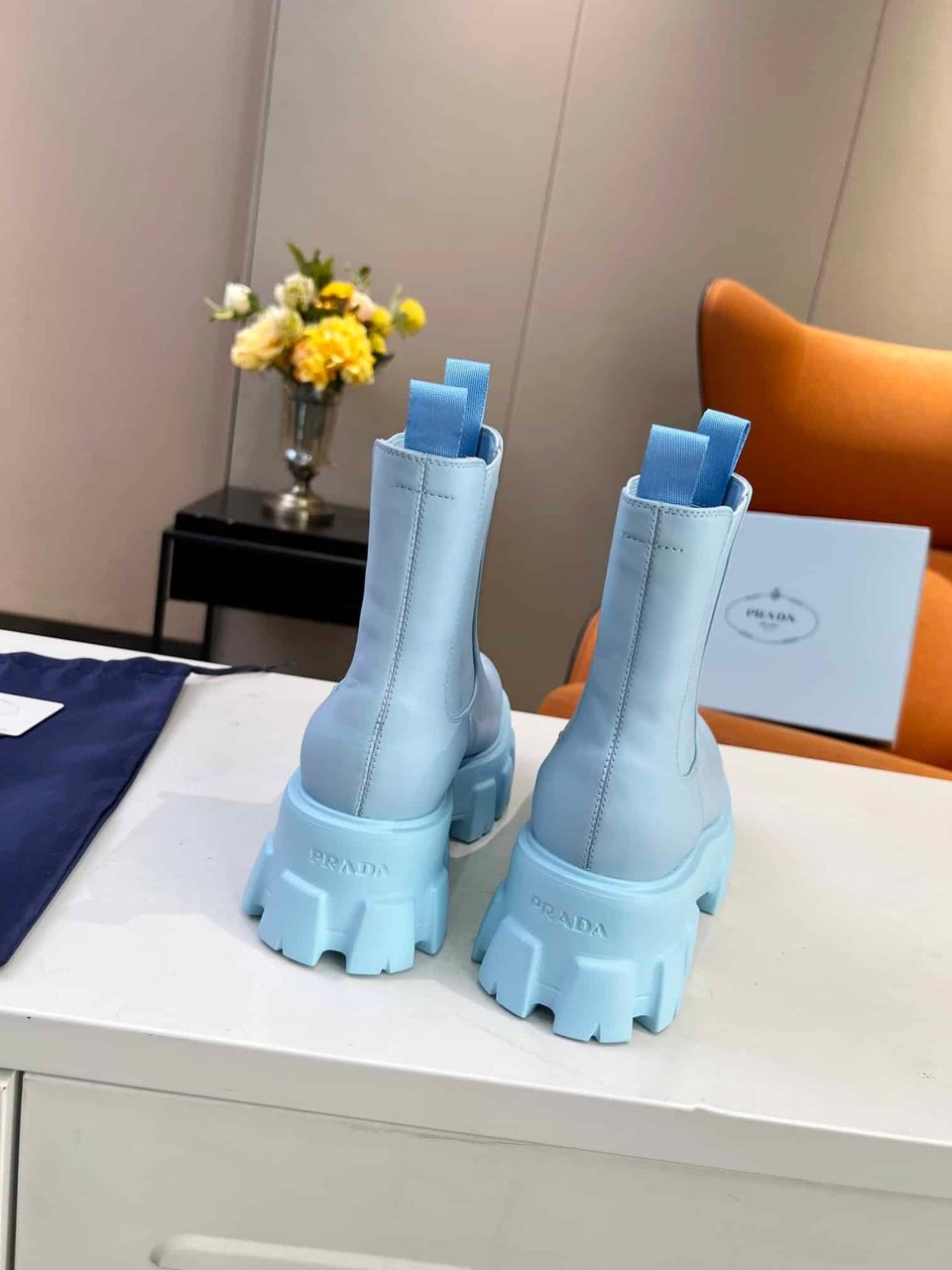 Prada Monolith Brushed Leather Booties Blue view 8