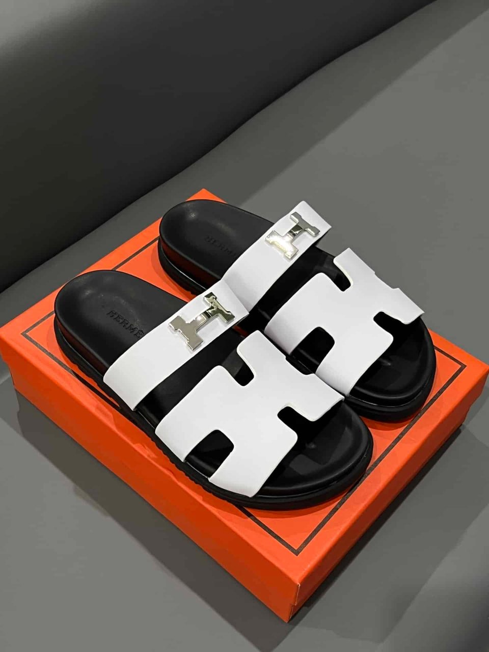 Hermes Chypre Sandal H Logo Silver Hardware White view 5