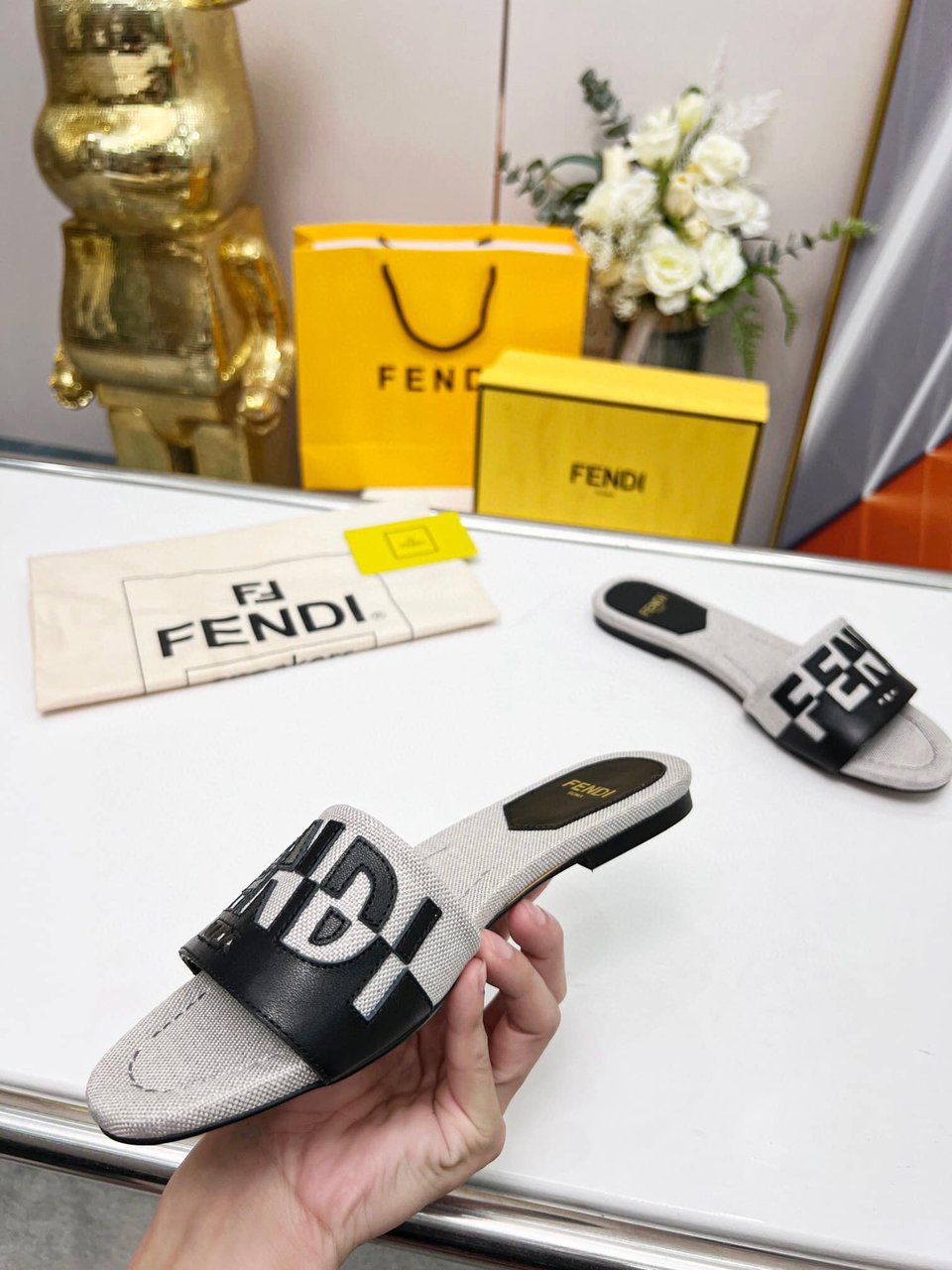 Fendi Signature Canvas Leather Slides Black 8R8337Ajzuf0Wzm view 7
