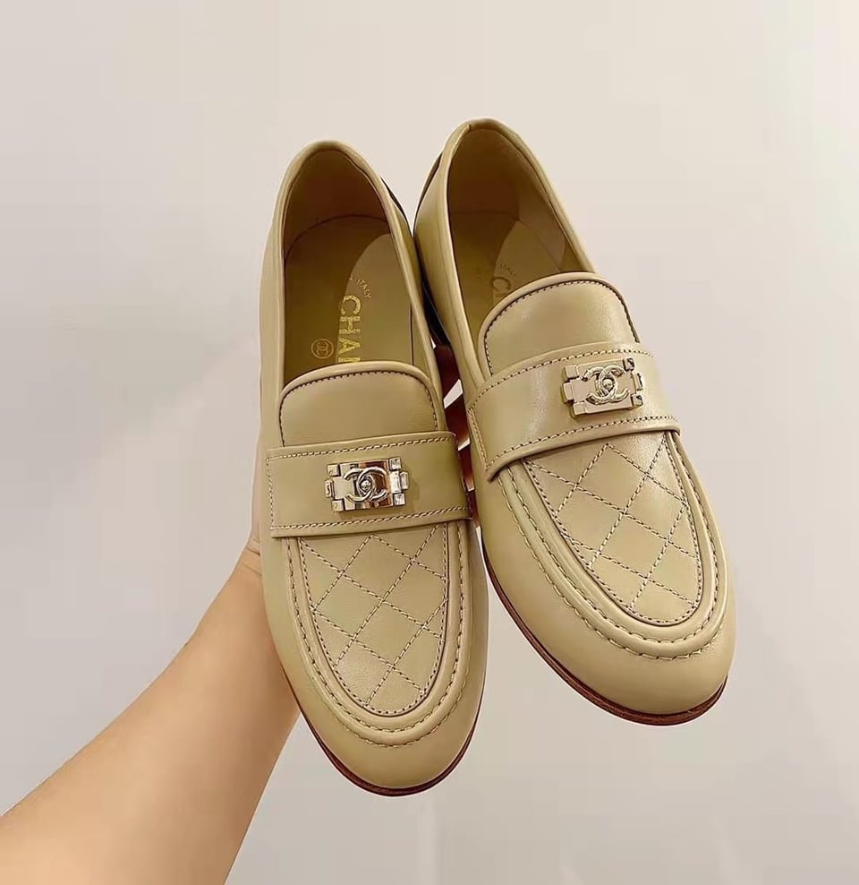 Chanel 20B Quilted Boy Lego Metal Logo Gold Mule Slip On Flat Loafers Beige view 4