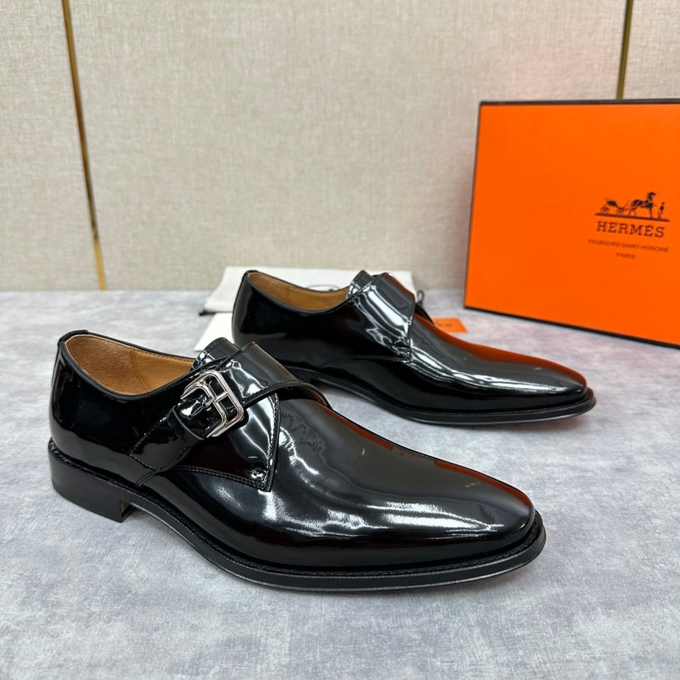 Hermès Black Polished Leather Monk Strap- Shoes for Men view 3