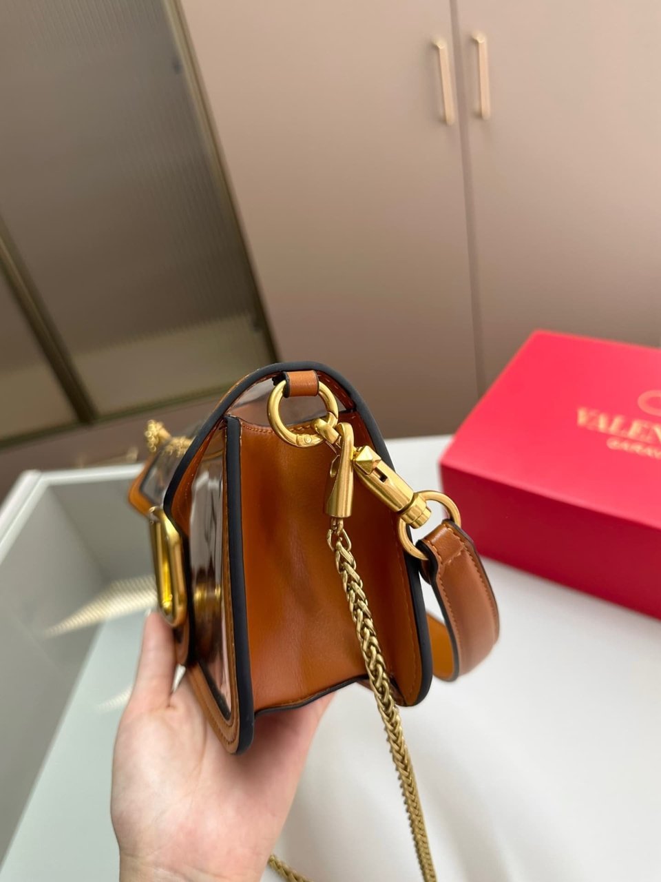 Valentino Garavani Locò Pvc And Leather Shoulder Bag Brown 24Cm view 7