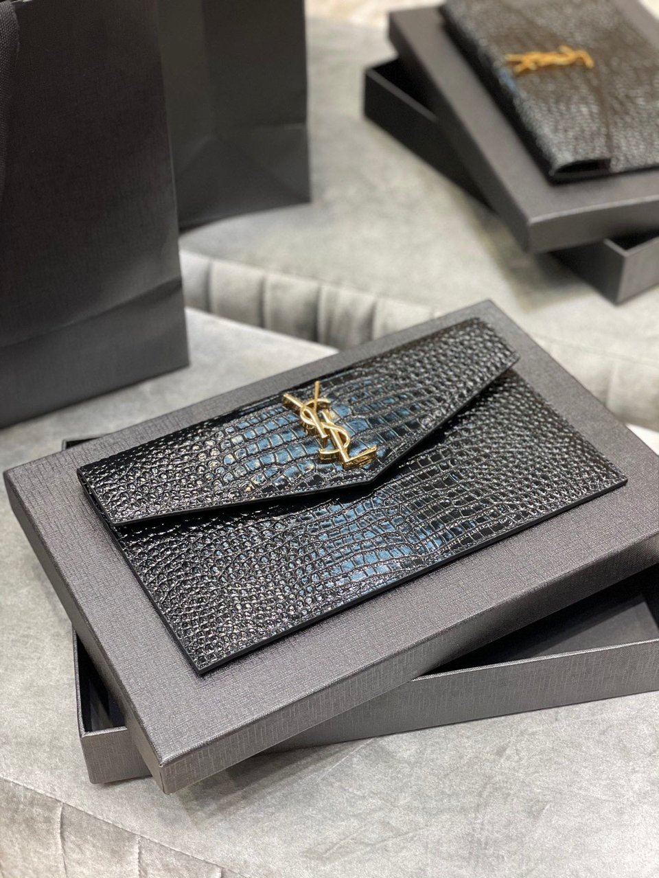 Saint Laurent Uptown Pouch In Crocodile Embossed Shiny Leather view 9