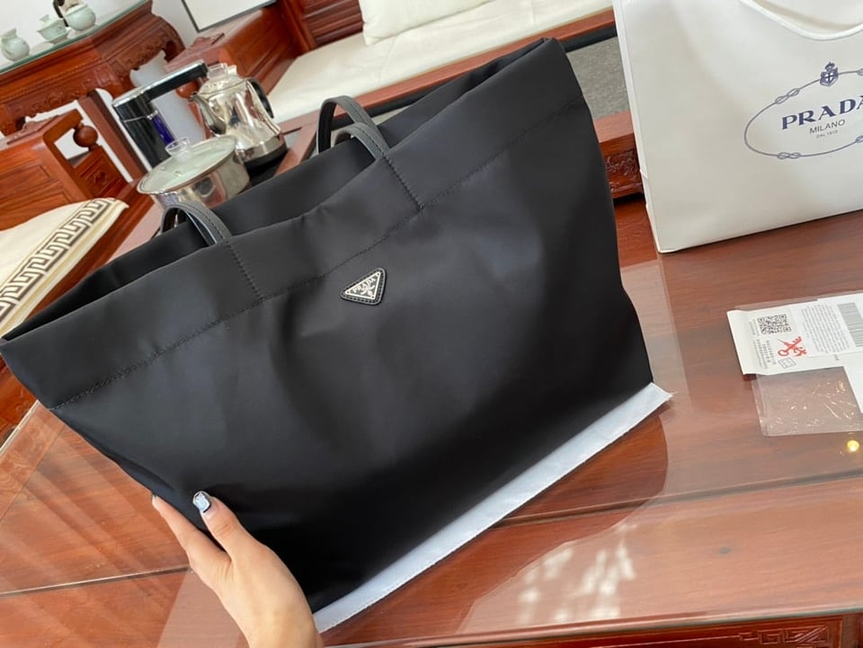Prada Re-Nylon And Saffiano Leather Tote Bag Black view 7