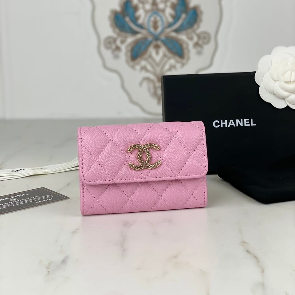 Chanel Flap Card Holder 11 Pink Grained Calfskin Gold Icon
