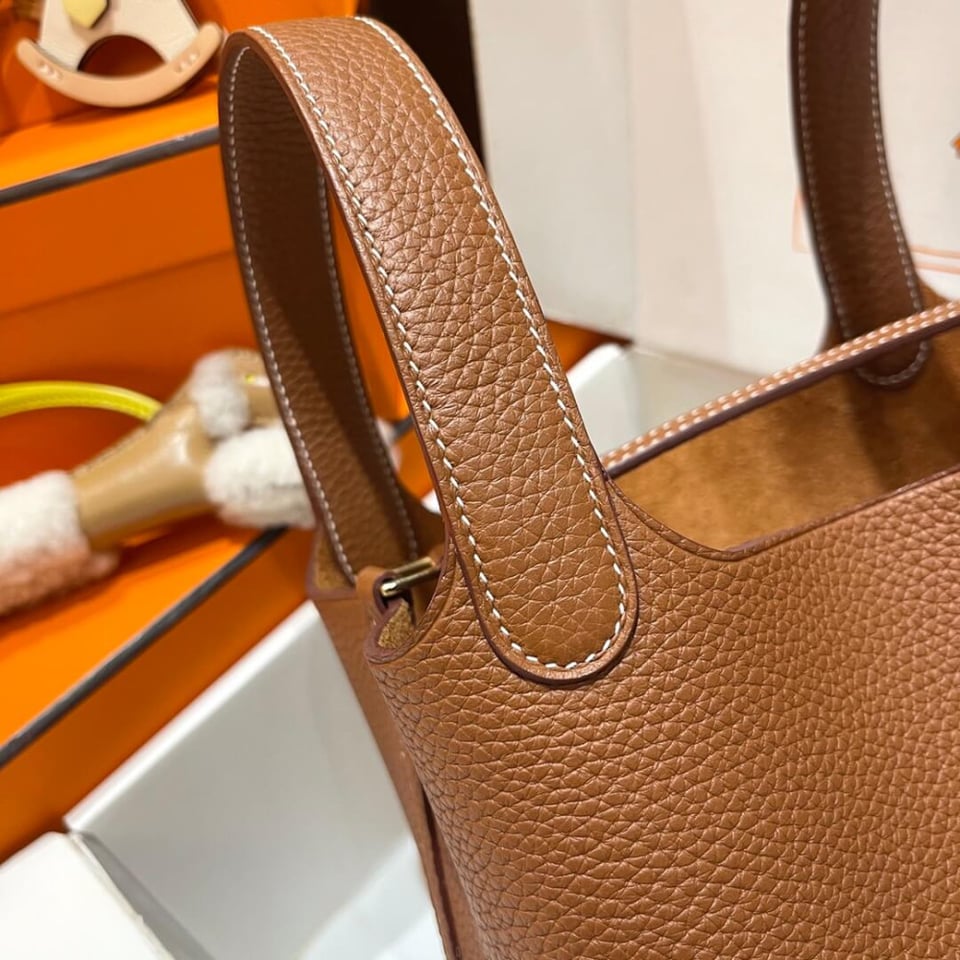 Hermes Picotin Lock Bag In Taurillon Clemence Gold Brown 22Cm view 6