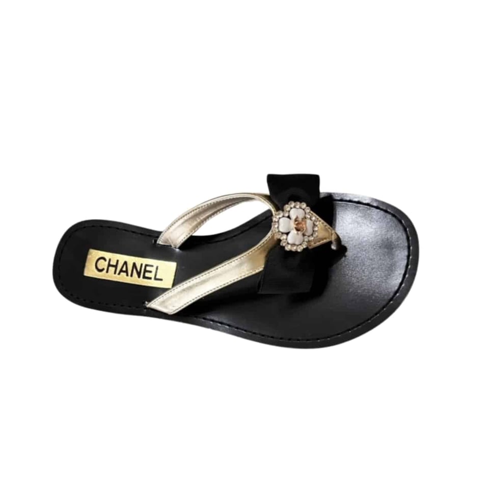 Chanel Thong Slide White Camellia Cc Logo Bow Black view 2