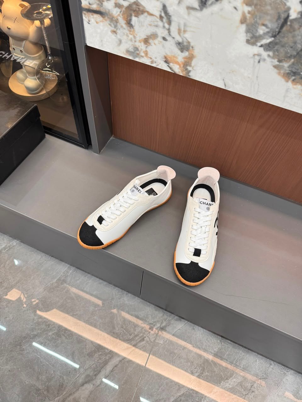 Chanel Calfskin Suede Sneakers with Gum Sole White Black &amp; Gum G39860 view 4