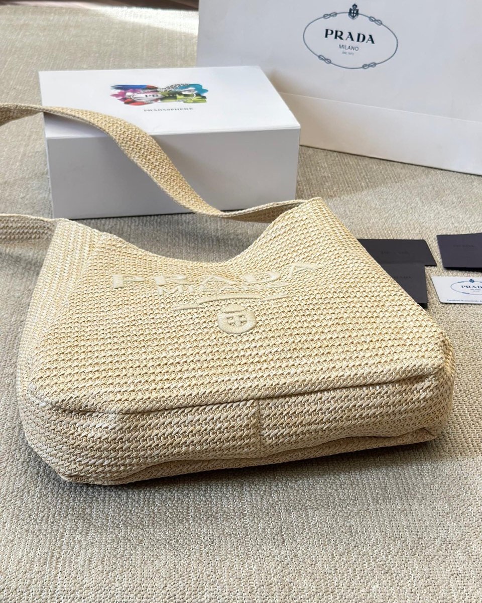 Prada Logo Embossed Raffia Shoulder Bag Beige 33Cm view 9
