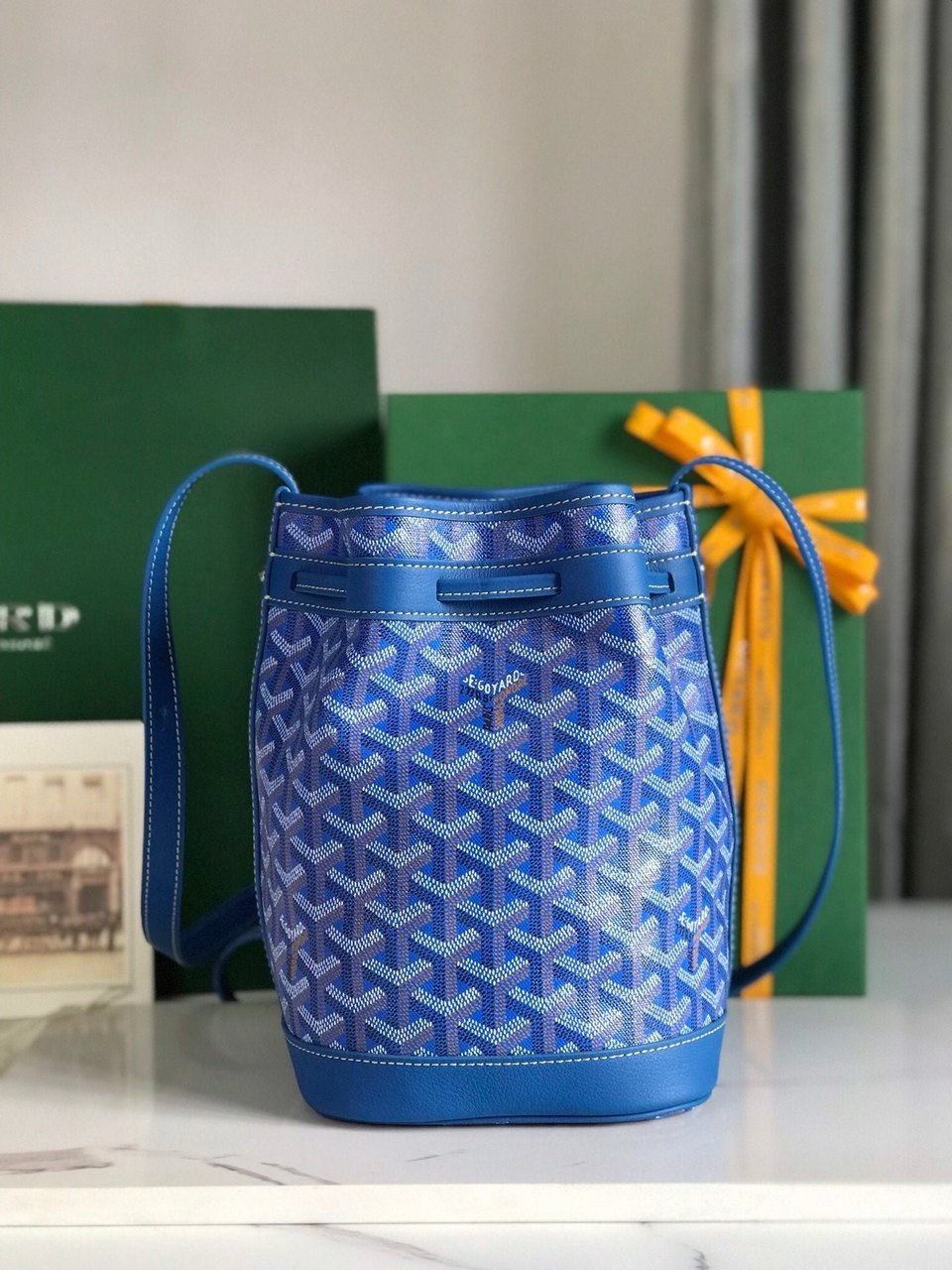 Goyard Petit Flot Bucket Bag 22 Cm Sapphire Blue Goyardine Canvas And Lambskin Trim view 10