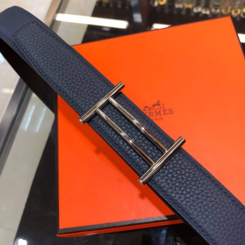 Hermes Rider Belt Buckle &amp; Reversible Leather Strap 32mm H075372 Navy Blue/Black view 5