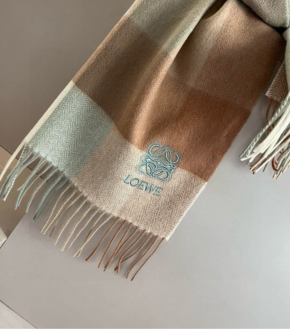 Loewe Cashmere Scarf Check Brown Green For Women 180cm view 4
