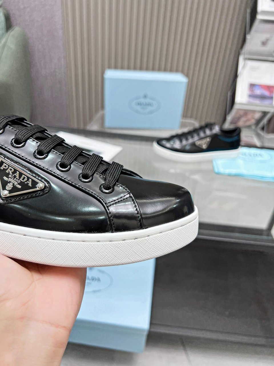Prada Logo Sneakers In Brushed Leather Black view 8