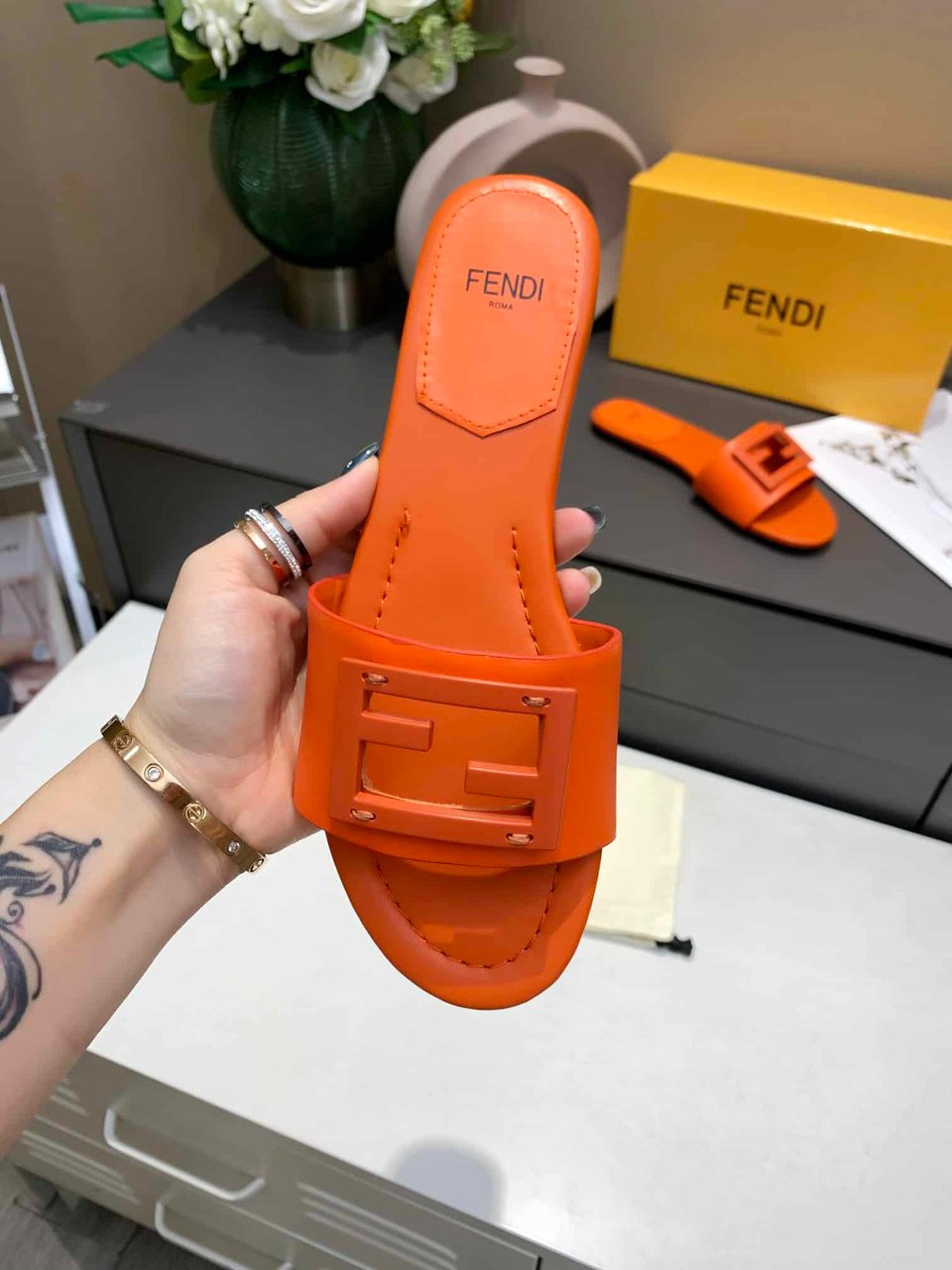 Fendi Signature Leather Sandals Slide Orange view 7