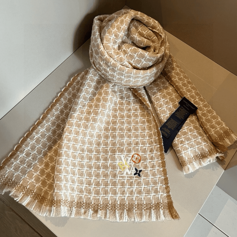 Louis Vuitton Damier Check Cashmere Scarf Beige For Women 190cm view 2