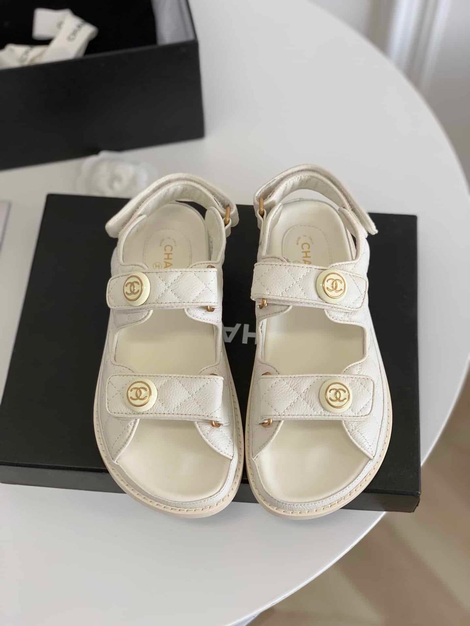 Chanel Cc Button Velcro White Sandals Grained Calfskin Leather view 3