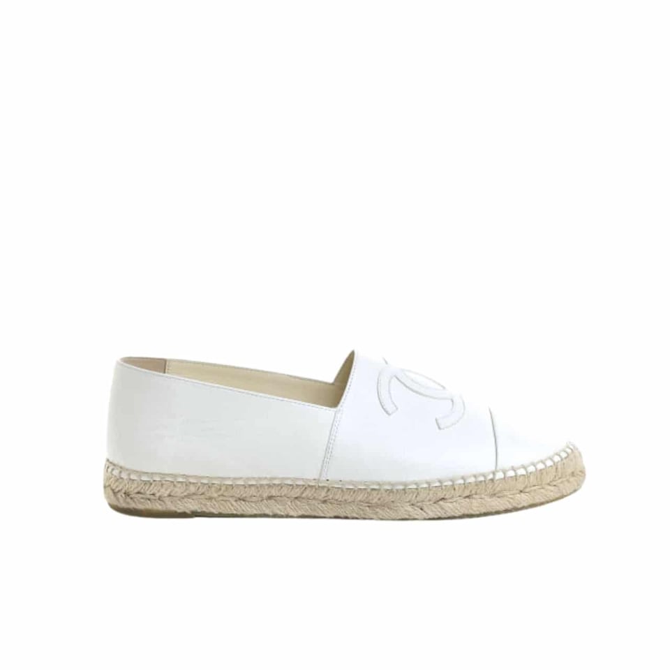 Chanel Embroidered Espadrille Leather Cap Toe Flats White view 2