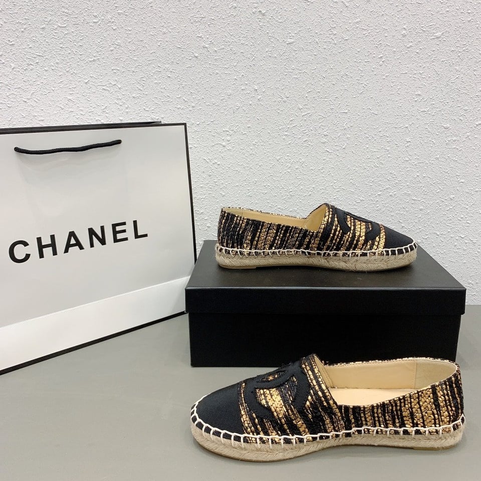 Chanel Metallic Tweed Grosgrain Cc Espadrilles Slip On Gold Black view 5