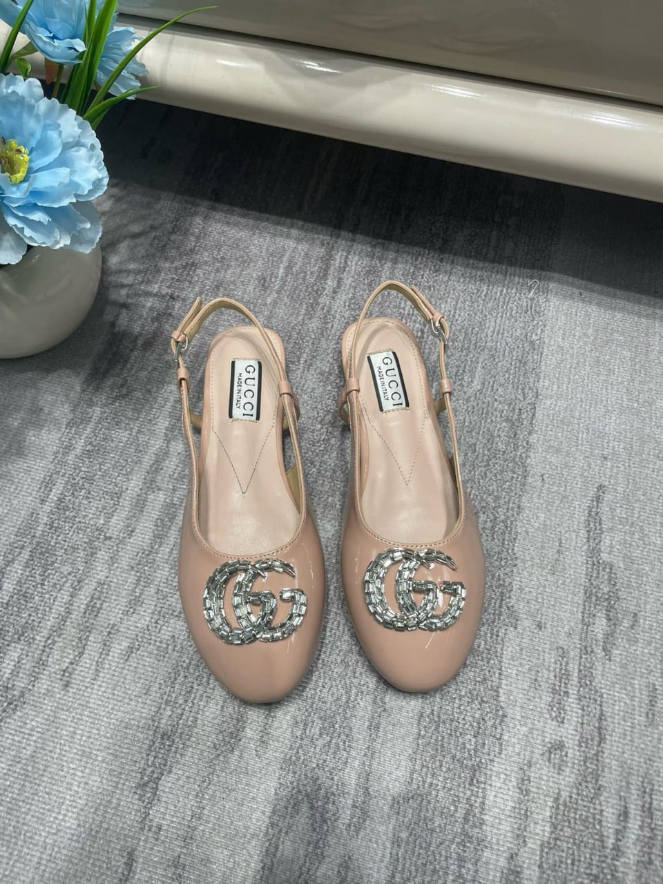 Gucci Logo Embellished Slingback Flats Light Pink view 10
