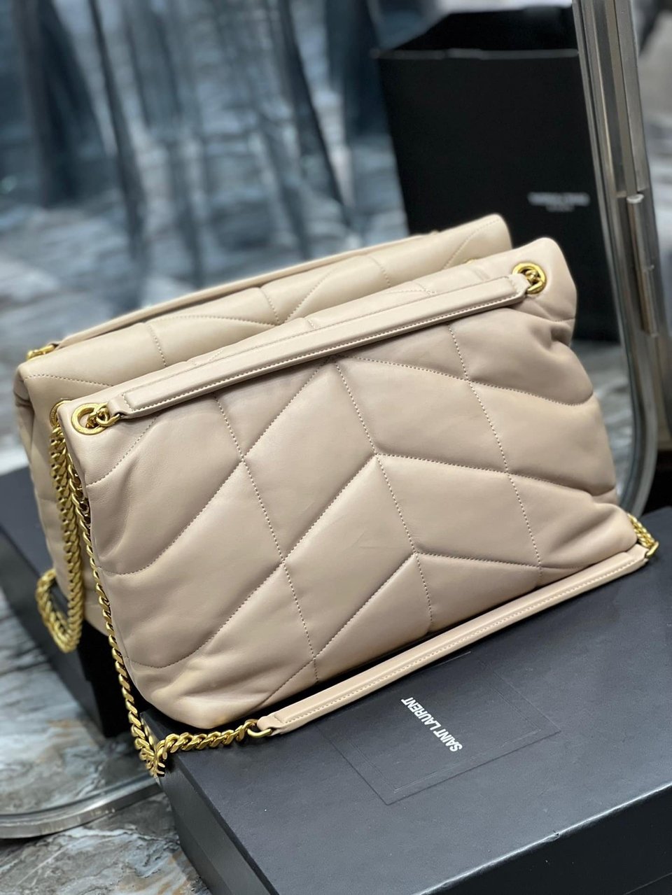Saint Laurent Puffer Medium Chain Bag In Quilted Beige view 7