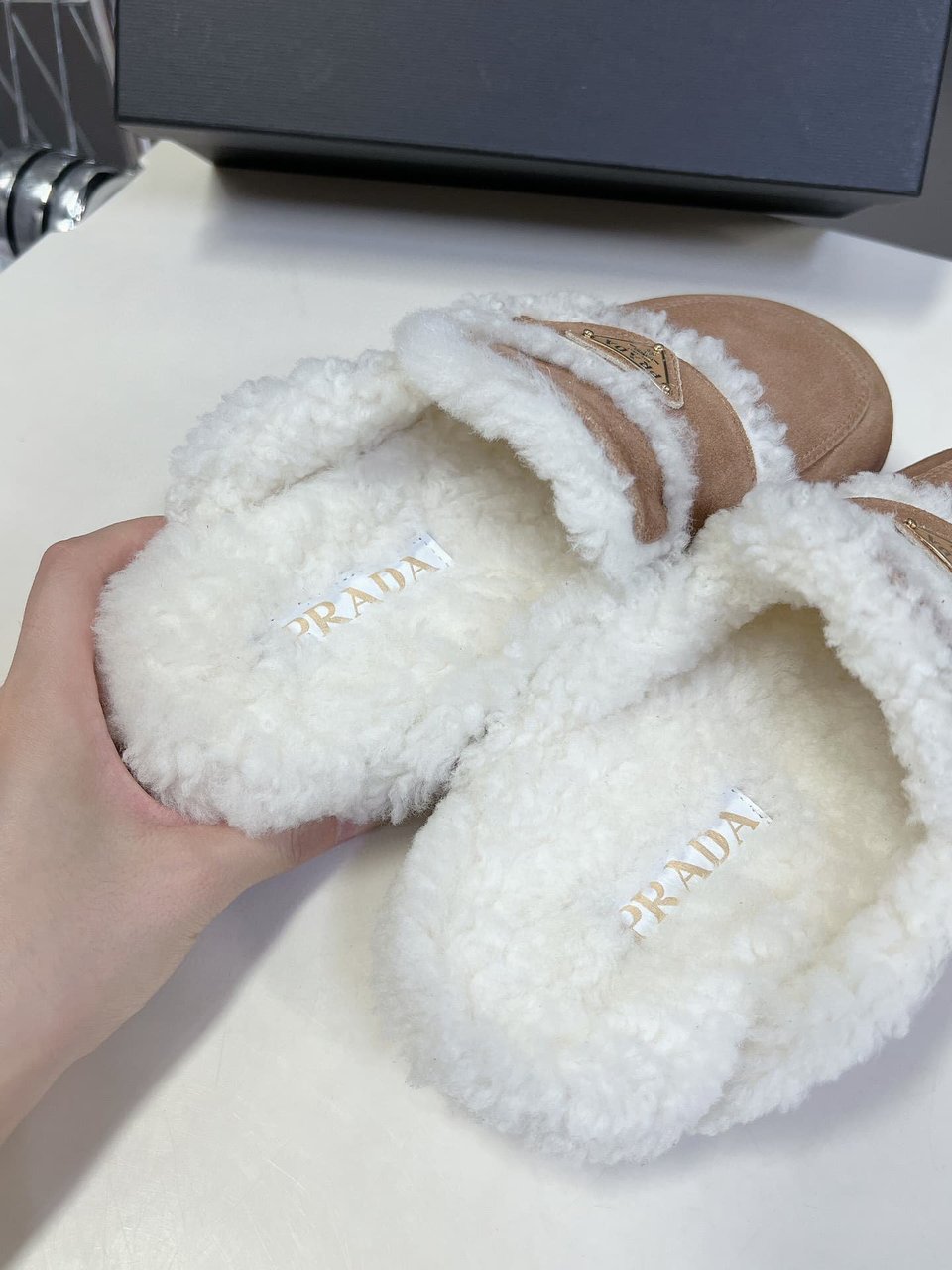 Prada Suede And Shearling Slippers Ecru 1S711M X0O F0379 F Zg20 view 9