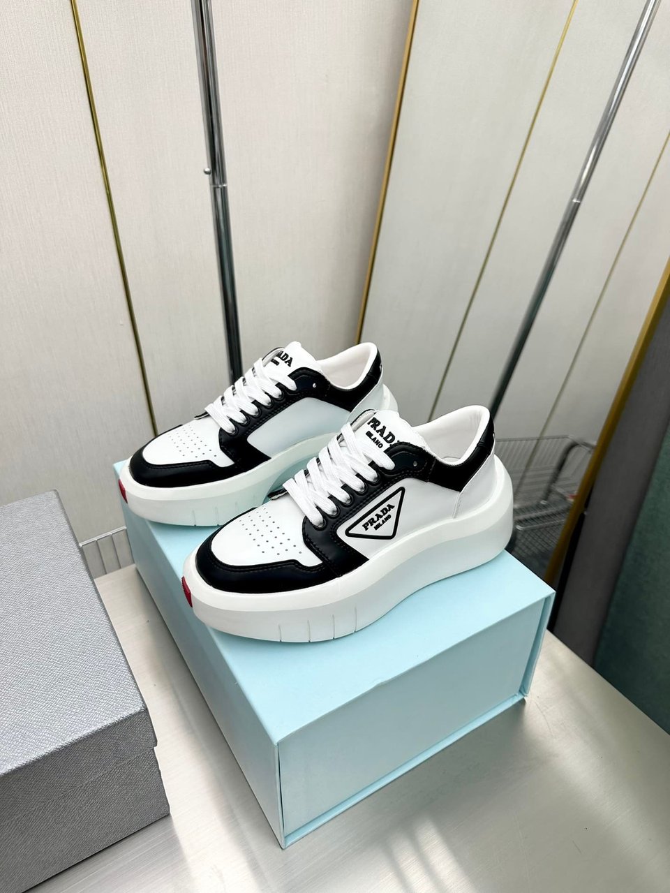 Prada Leather Platform Sneakers White And Black view 8