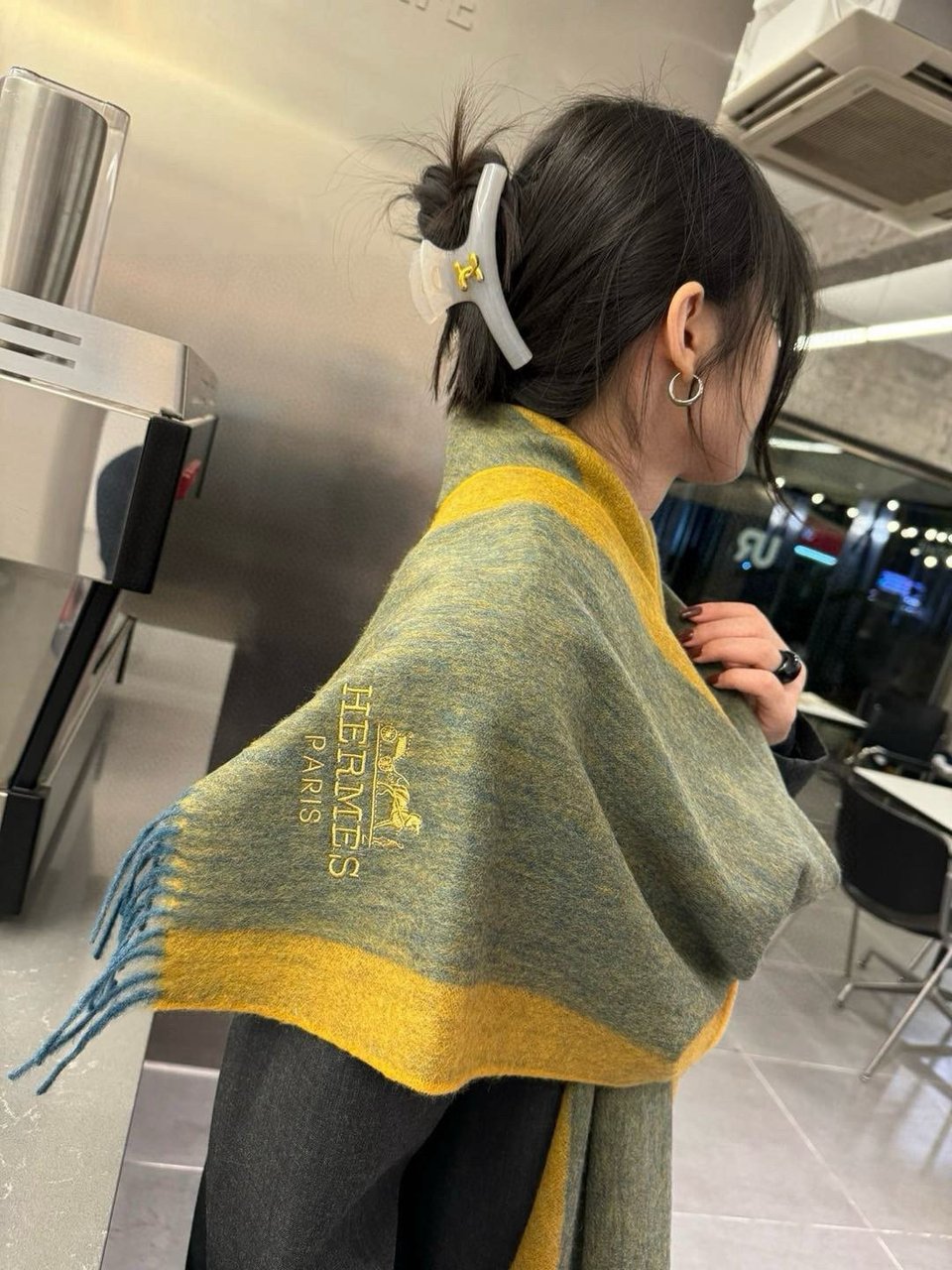 Hermes Cashmere Scarf Colorblock Yellow Green For Women 180cm view 3
