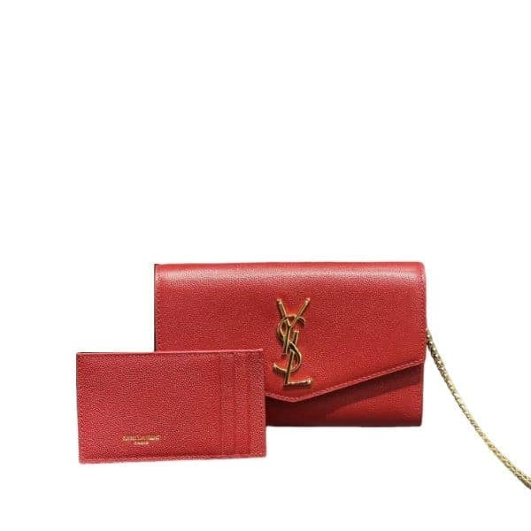 Saint Laurent Uptown Chain Wallet In Grain De Poudre Embossed Leather Red 19Cm view 2