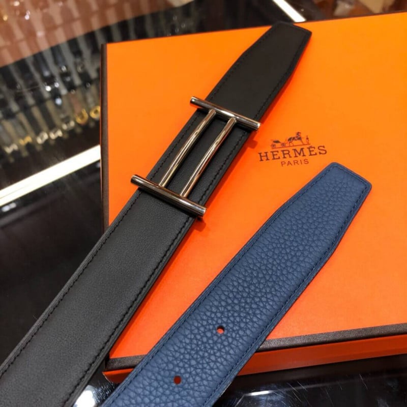 Hermes Rider Belt Buckle &amp; Reversible Leather Strap 40mm H075372 Blue/Black view 6