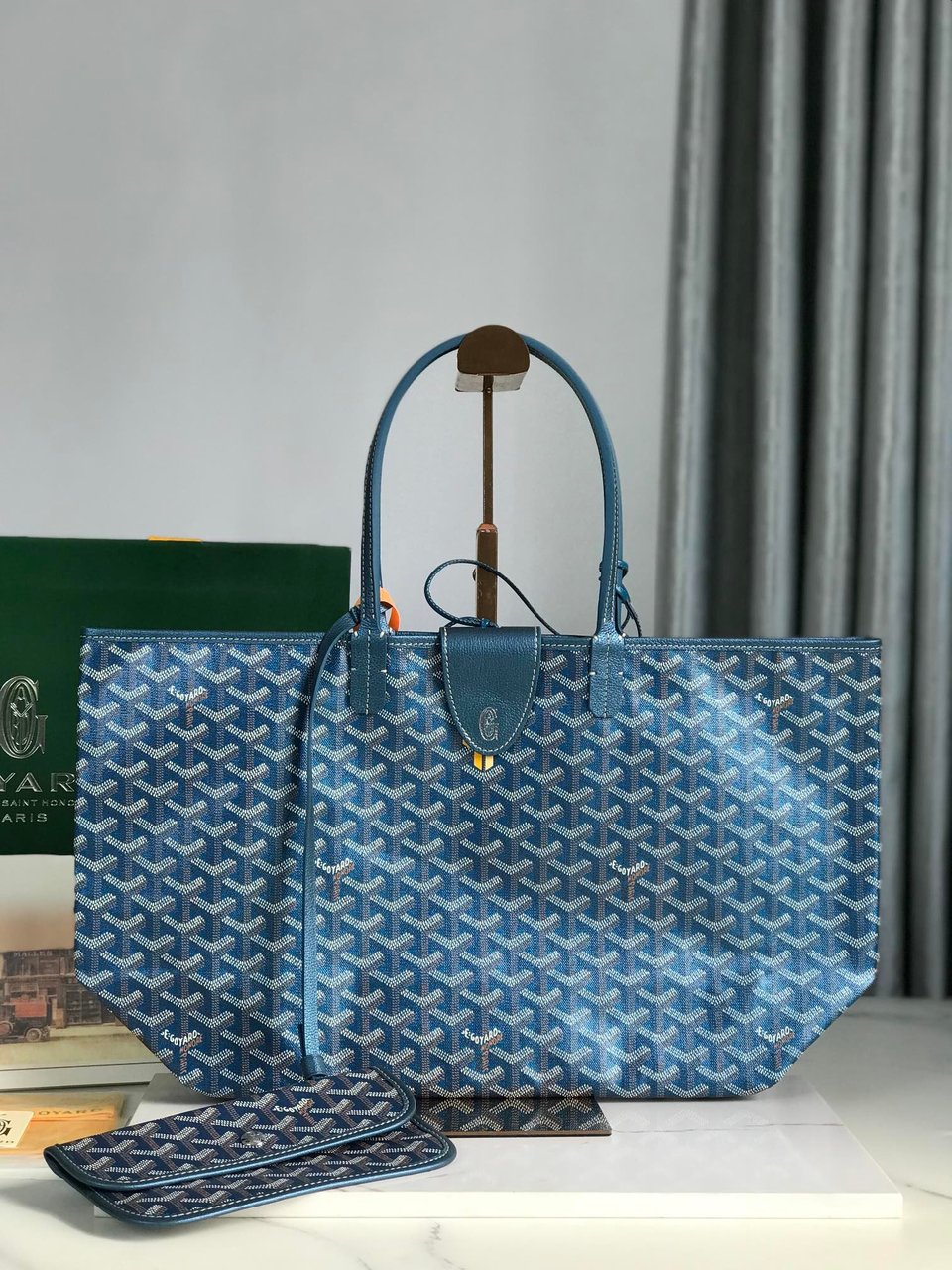 Goyard Saint Louis Pm Bag 34Cm Deep Blue Canvas Chevroches Calfskin view 10