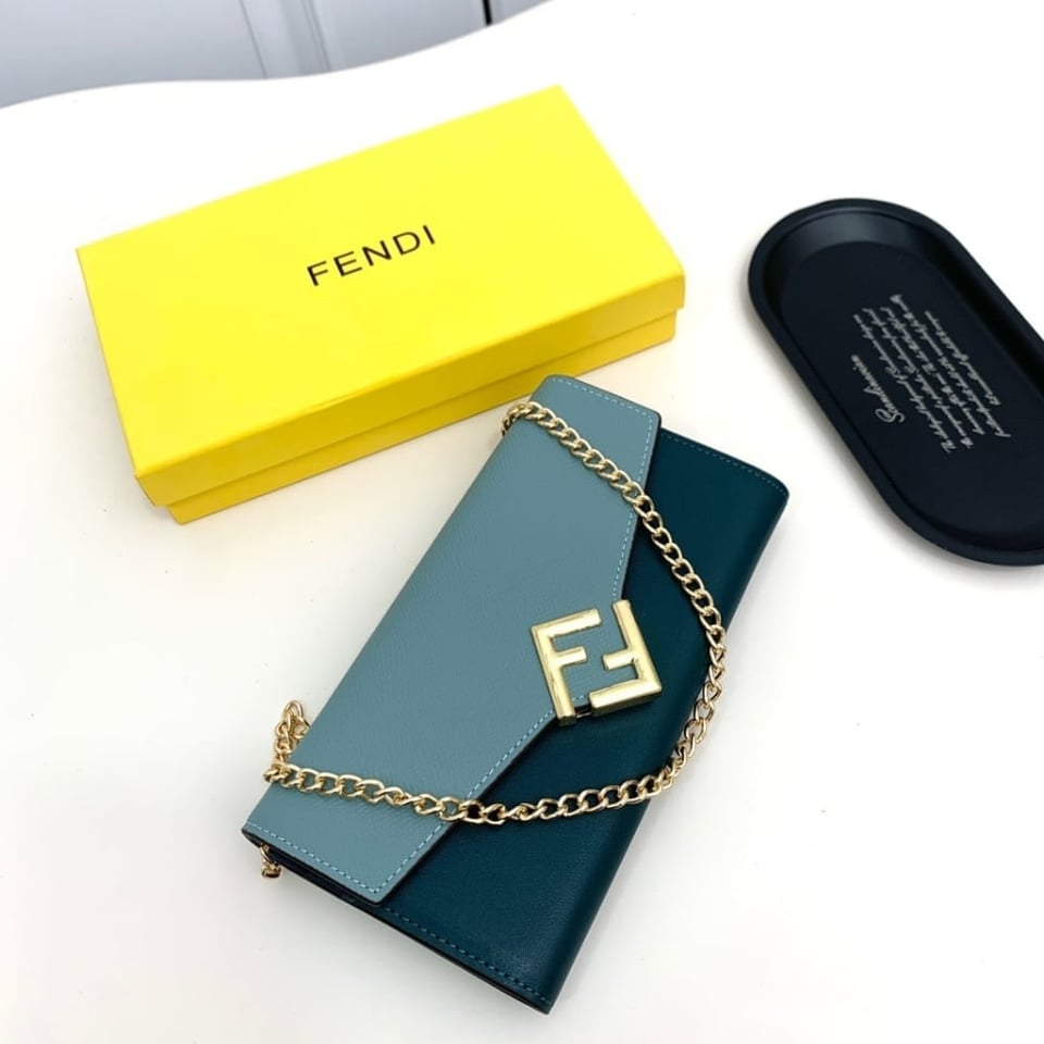 Fendi Ff Diamonds Continental With Chain Leather Wallet Green Blue 19Cm view 4