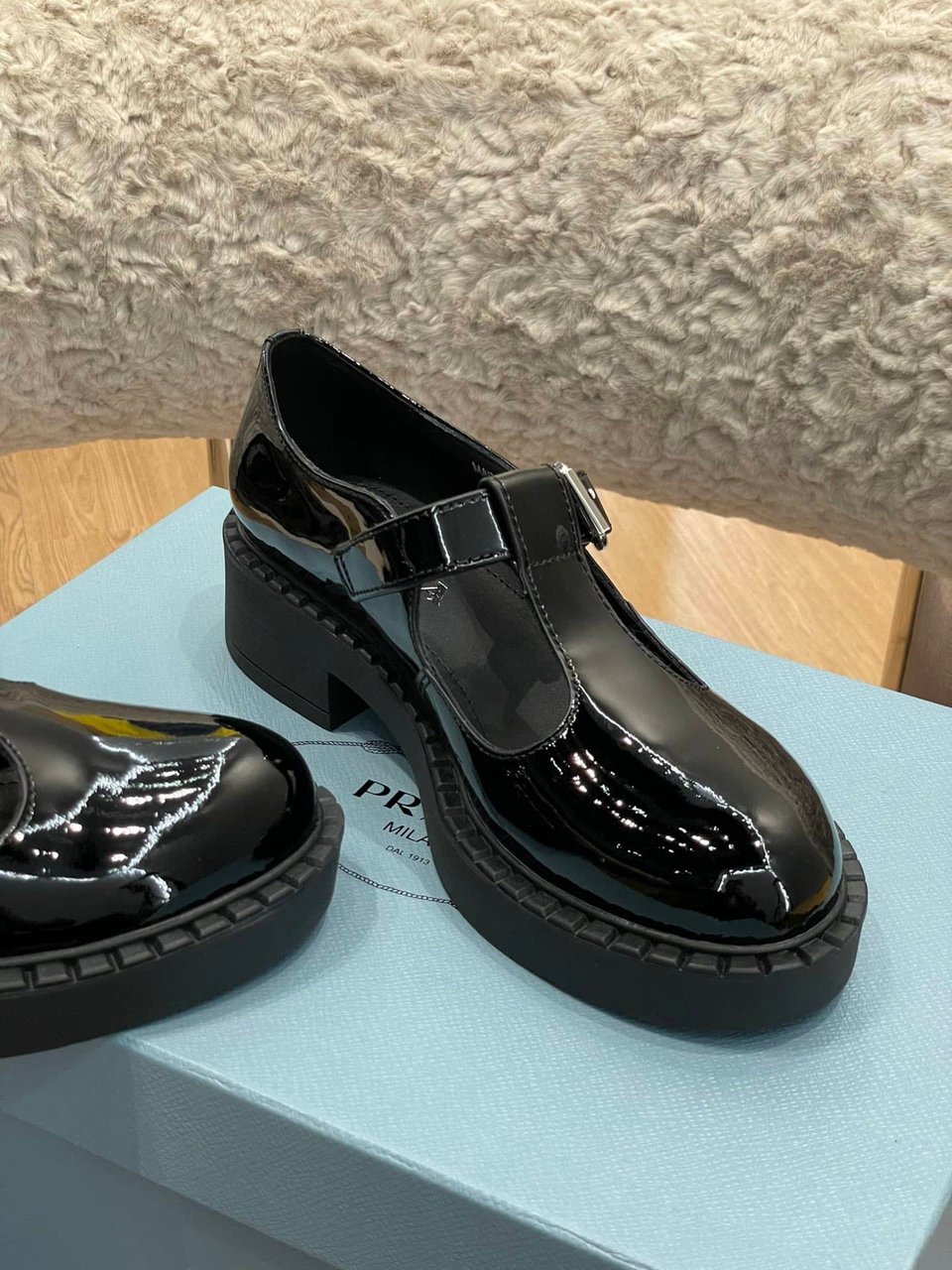 Prada Brushed Leather Mary Jane T Strap Shoes Black 2Ee372 055 F0002 view 4