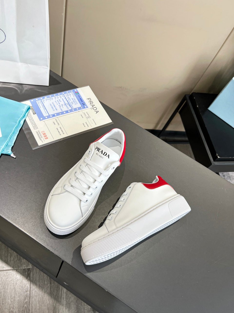 Prada Sneakers In White Leather With Red Logo view 6
