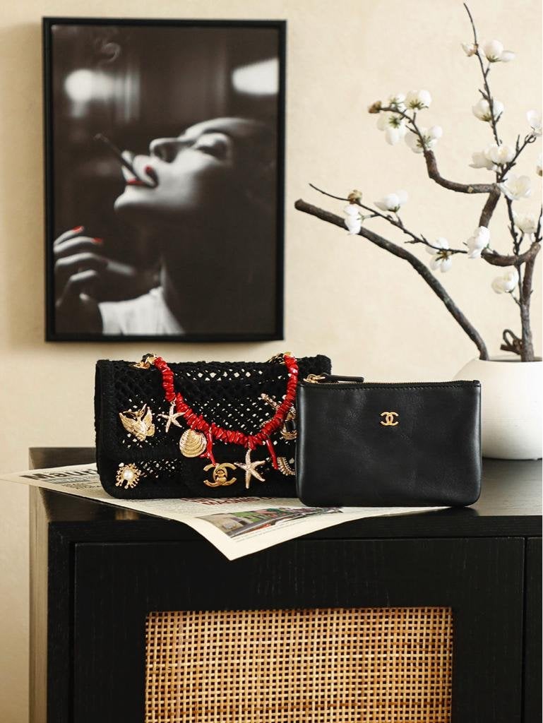 Chanel Small Flap Bag Mesh, Charms &amp; Gold-Tone Metal 21cm/8.3in Black AS6156 view 12
