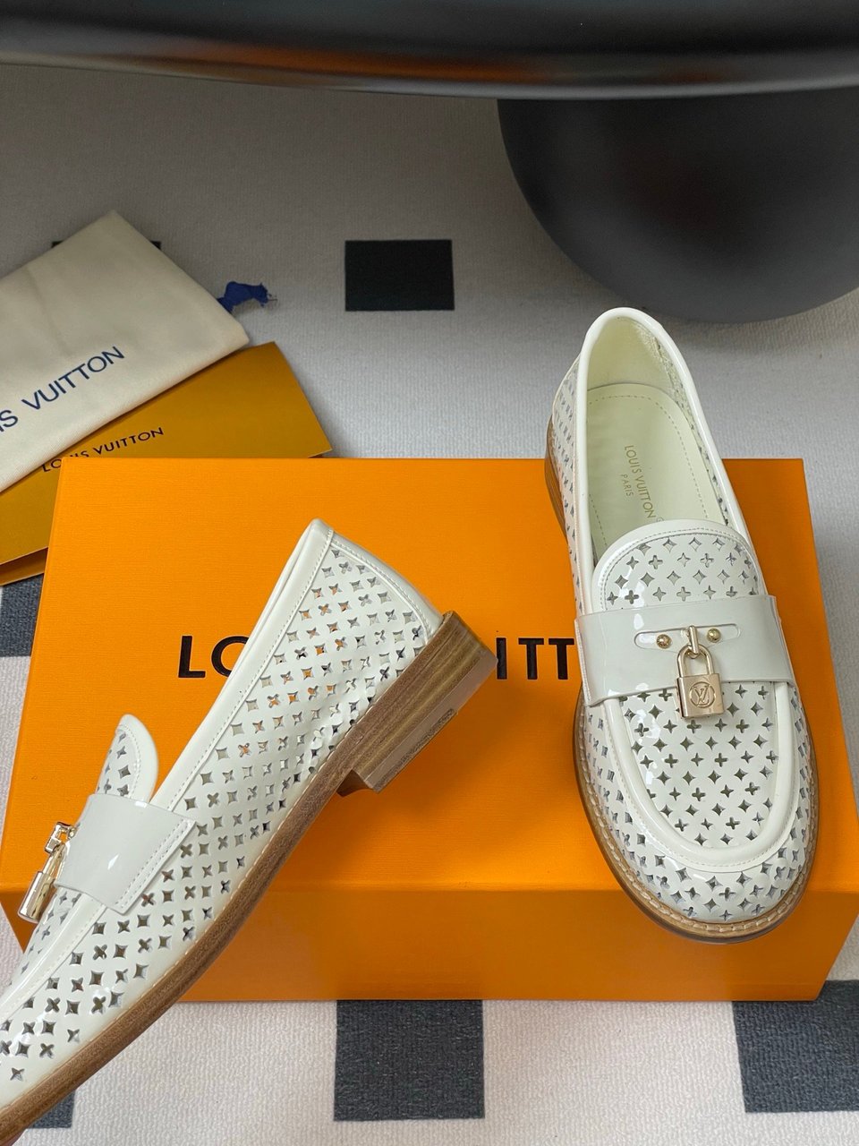 Louis Vuitton Chess Flat Loafer White Monogram Embroidered with Gold Padlock 1AGXRV view 9