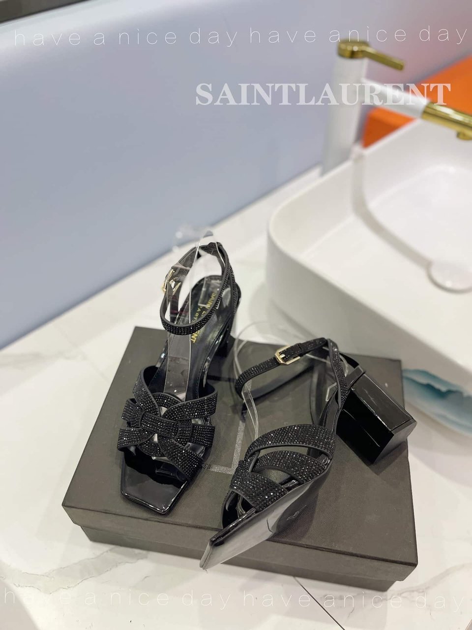 Saint Laurent Tribute Leather Sandals Metallic Black view 5
