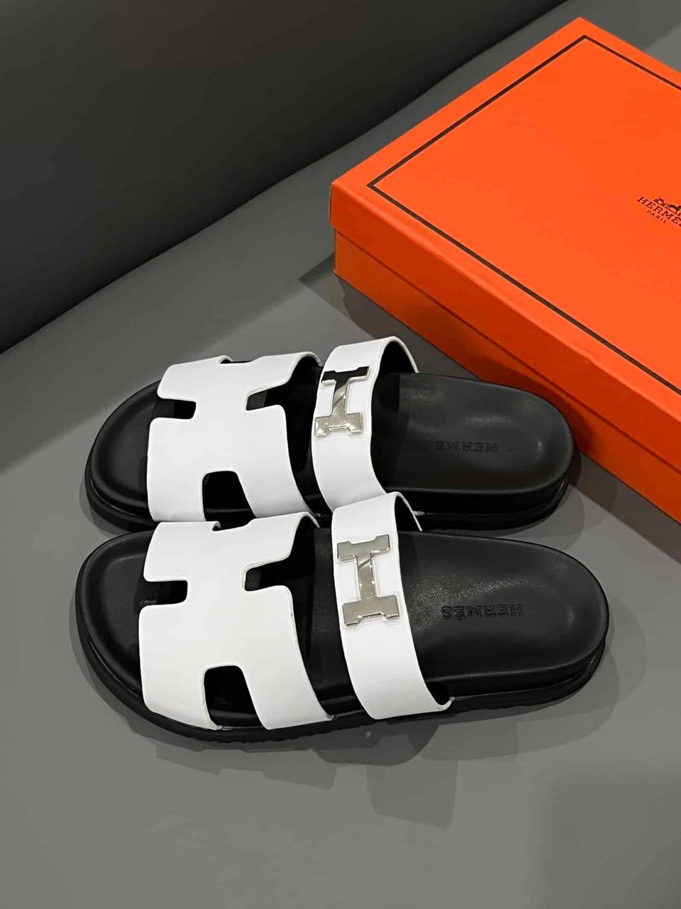 Hermes Chypre Sandal H Logo Silver Hardware White view 4