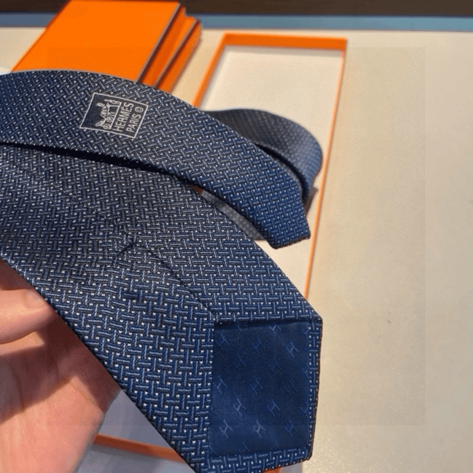 Hermes Navy Blue Grid Pattern Canvas Tie For Men view 4