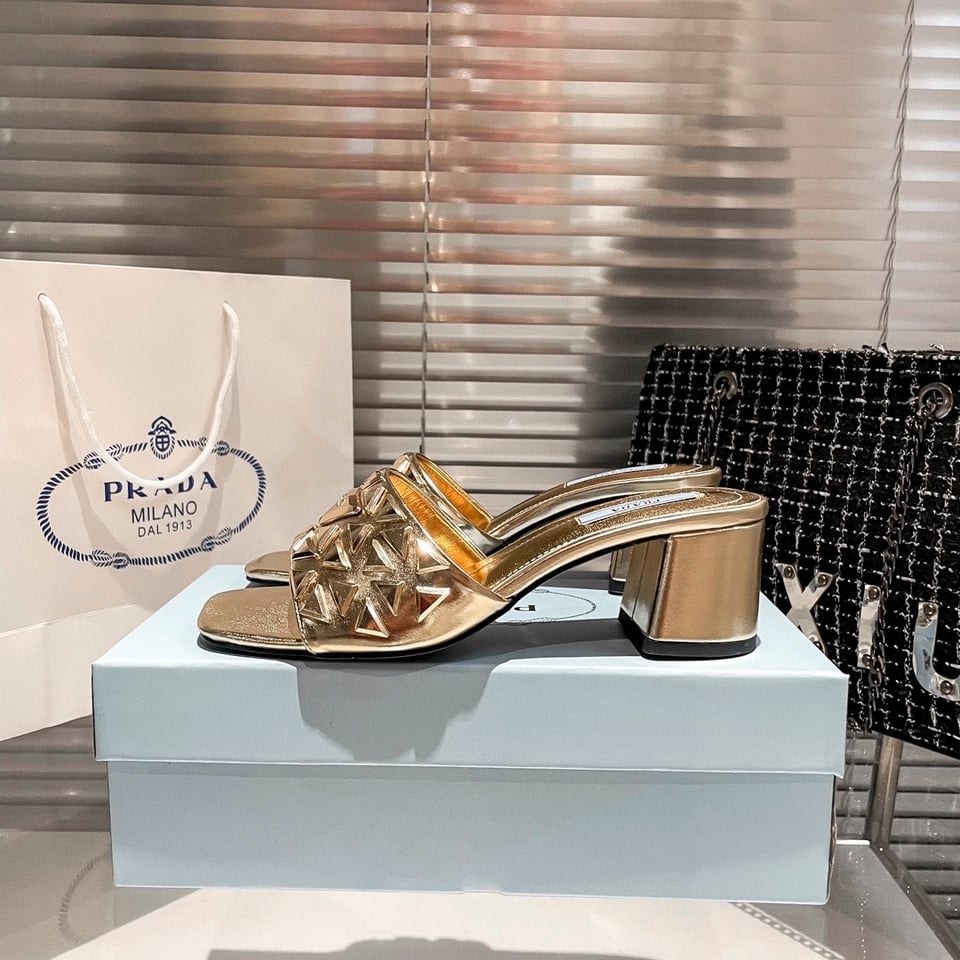 Prada Ciabatte Spazzolato Borchie Sandals Gold view 4