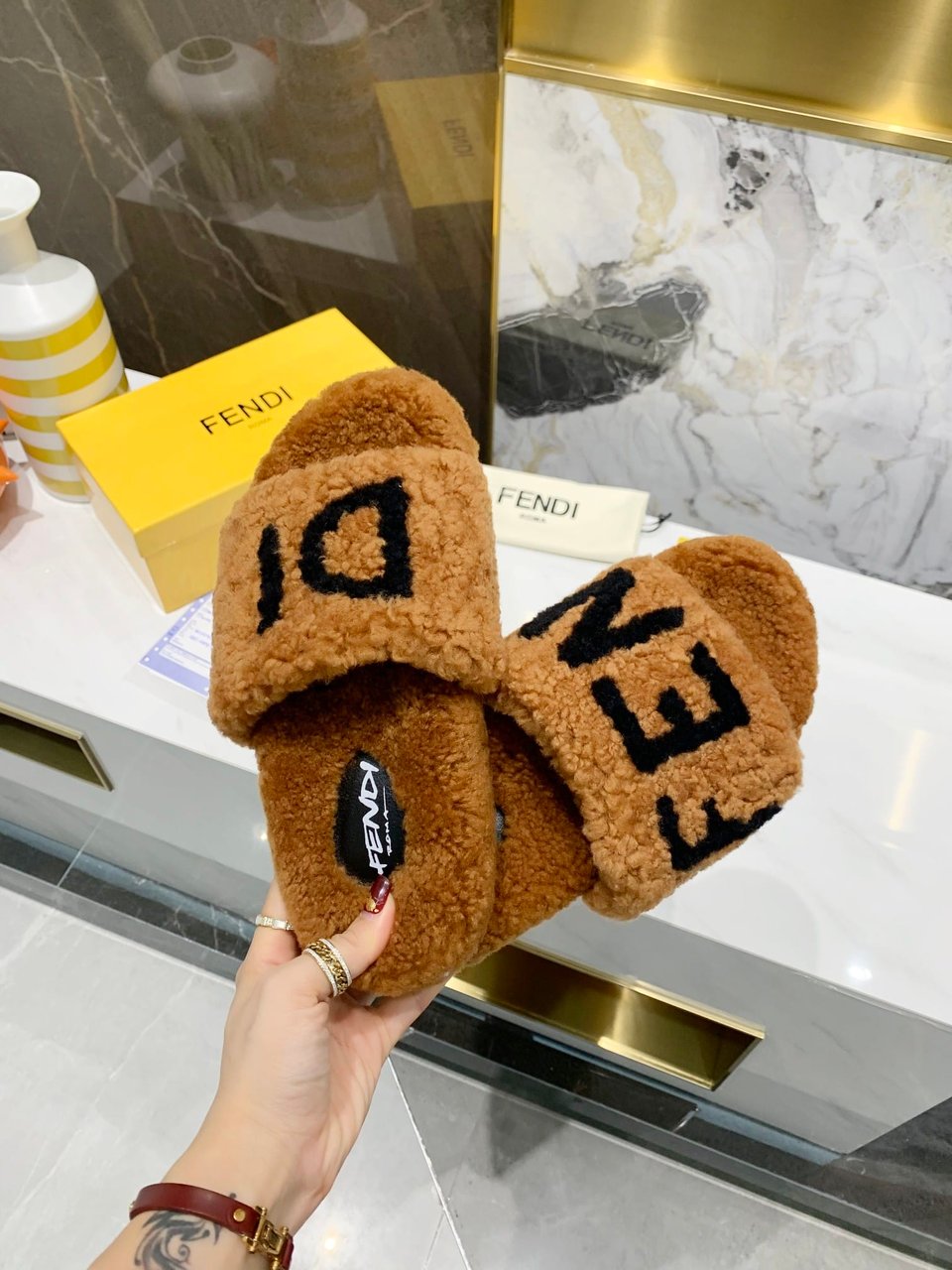 Fendi Shearling Slides Brown view 3