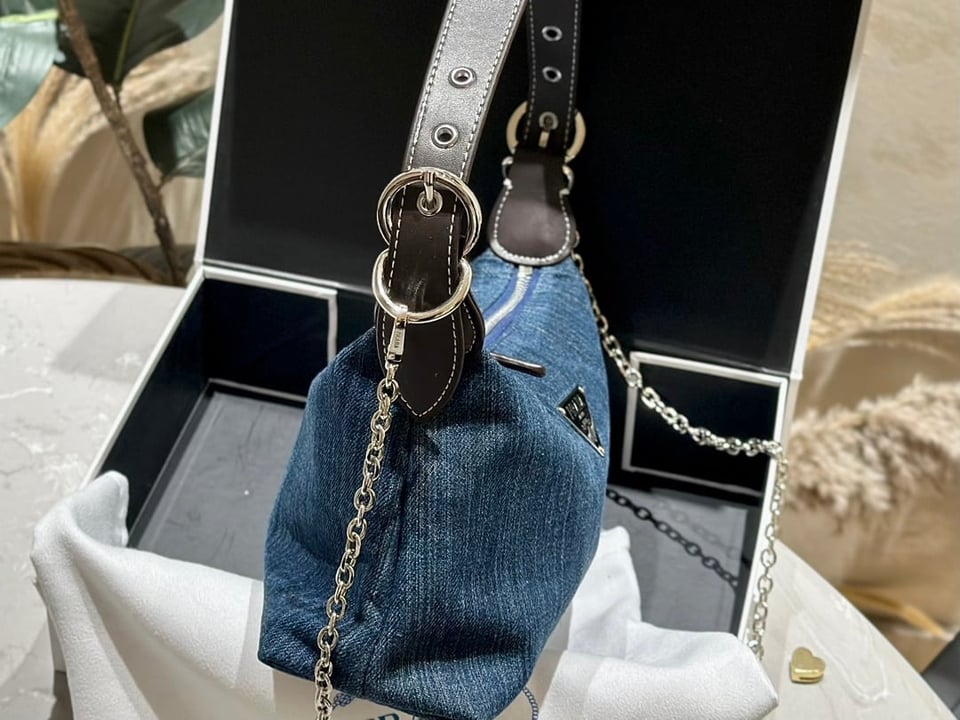 Prada Jeans Ring Shoulder Bag Denim Blue 25Cm view 9