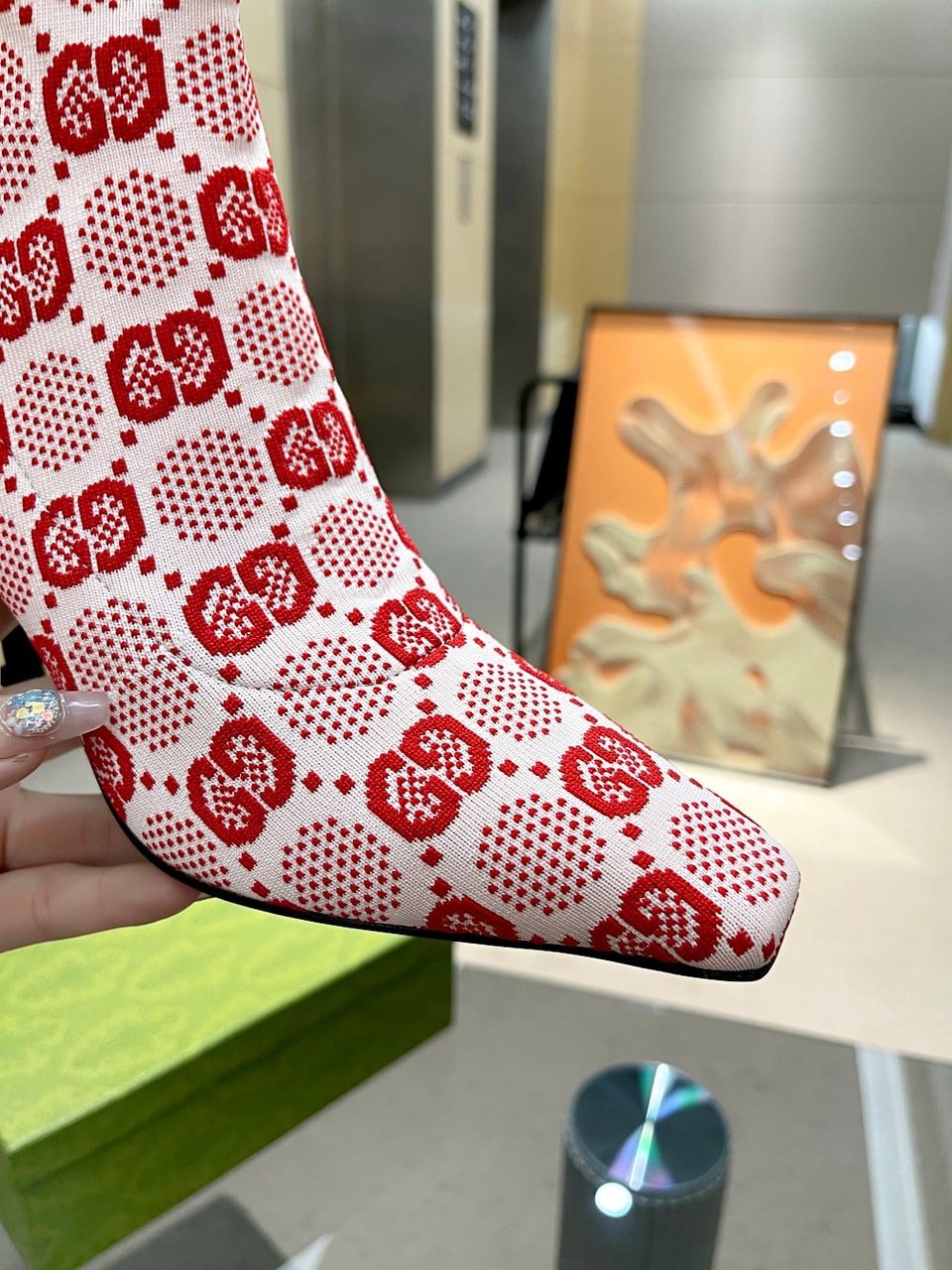 Gucci Gg 75Mm Knit Ankle Boots Red Fluorescent White Fabric 718378 Faaqp 5810 view 7