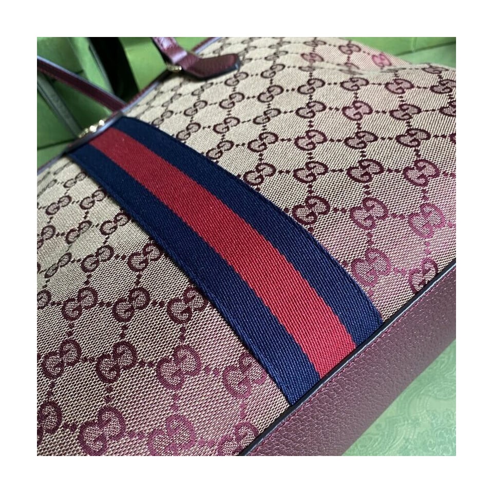 Gucci Ophidia Medium Tote With Web in Burgundy GG Canvas view 8