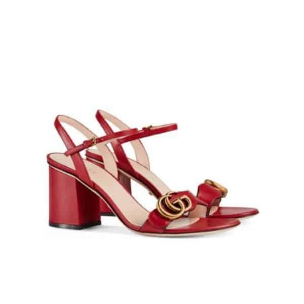 Gucci Double G Leather Mid Heel Sandal Red ?453379 A3N00