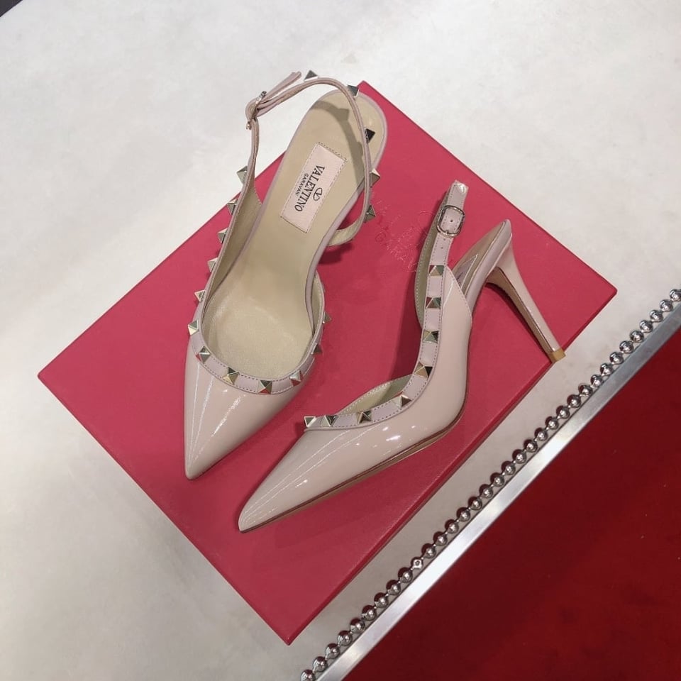 Valentino Garavani Rockstud Patent Leather Strap Pump Beige view 4